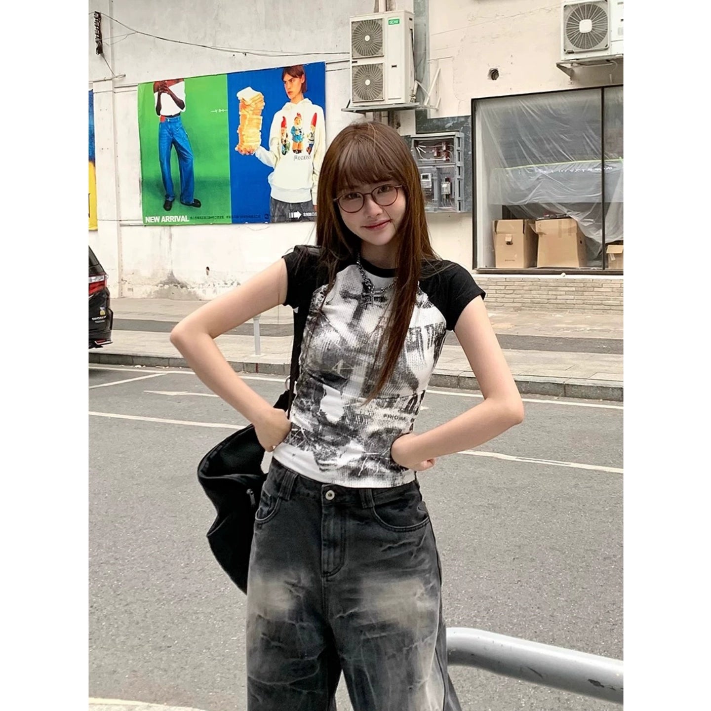 クロスラグランワッフルTシャツ