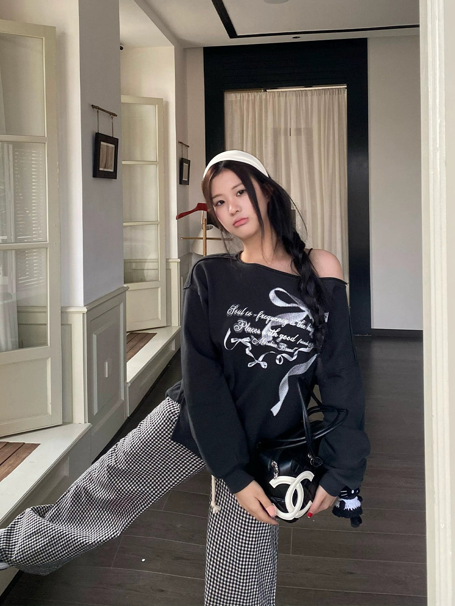 リボンデザインオフショルダースウェット KI102