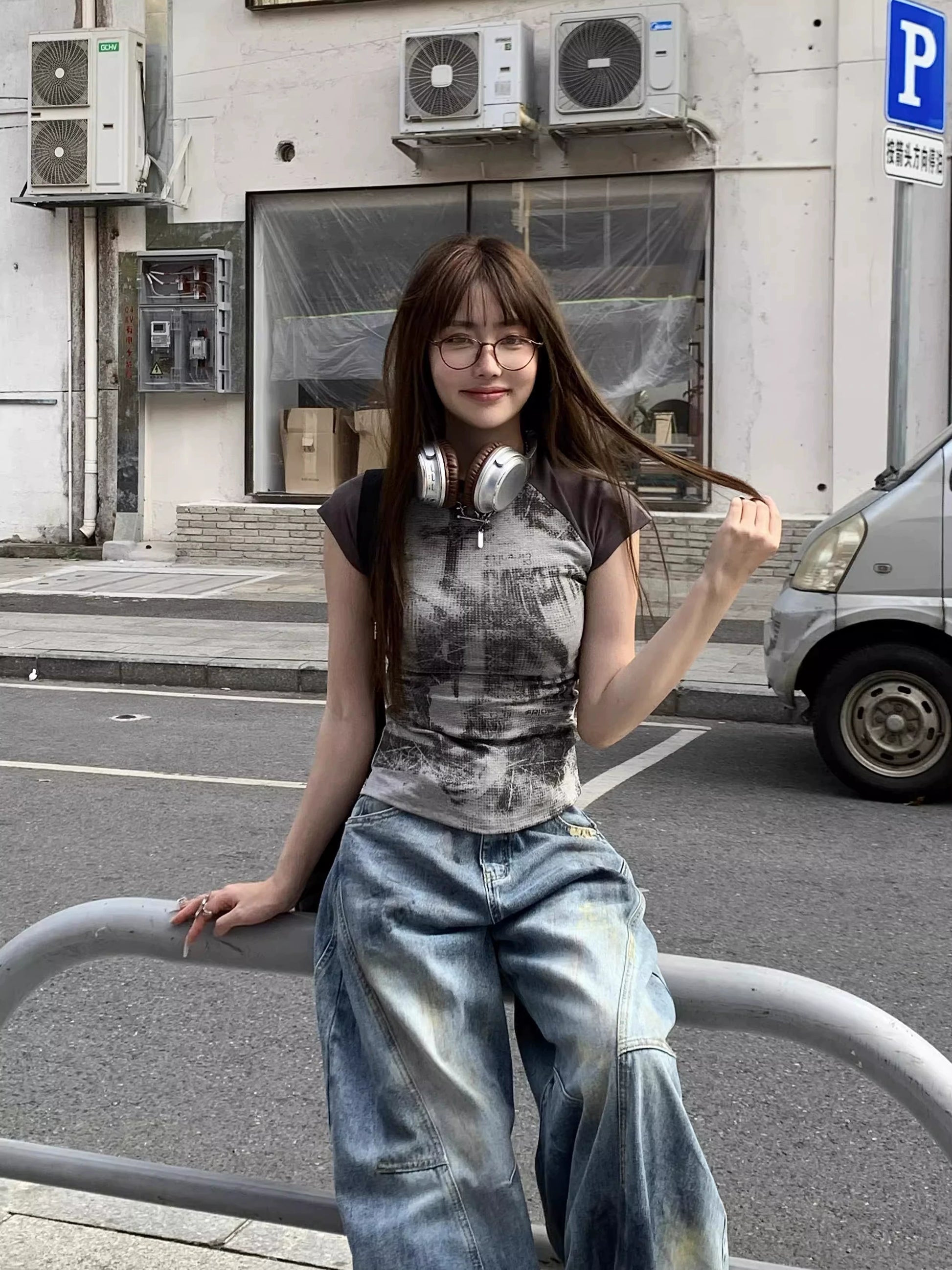 クロスラグランワッフルTシャツ