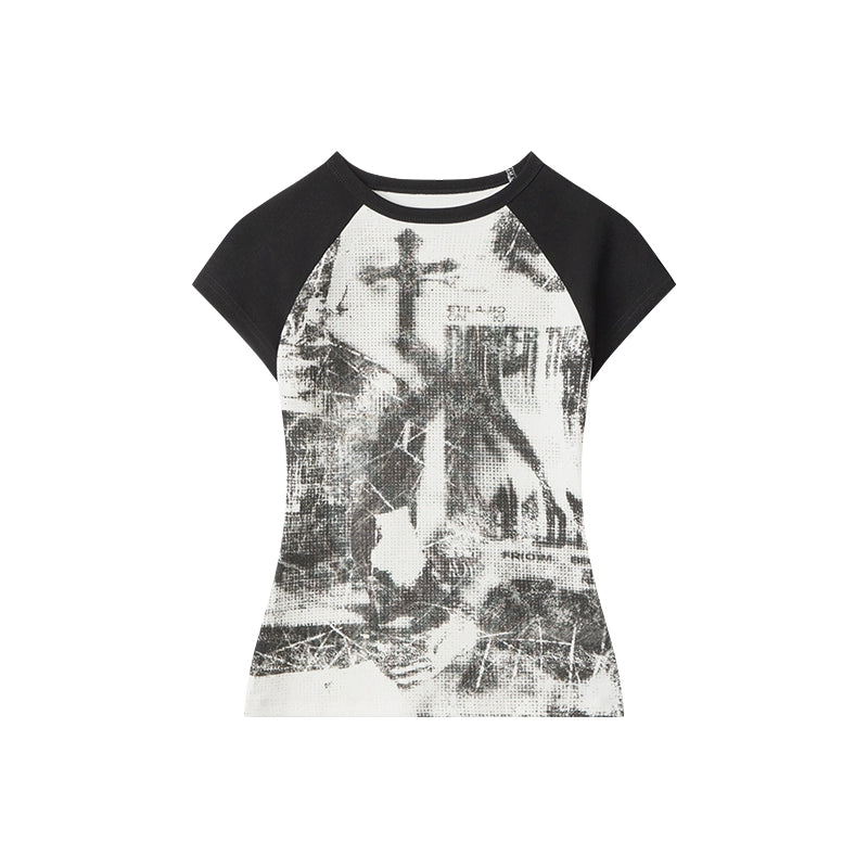 クロスラグランワッフルTシャツ