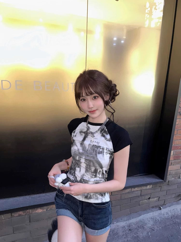 クロスラグランワッフルTシャツ