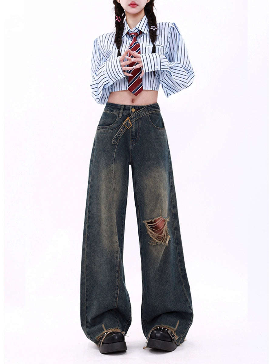 ヴィンテージダメージワイドレッグデニムパンツ KDS340 – 100StarS ヴィンテージダメージワイドレッグデニムパンツ KDS340 – 100StarS