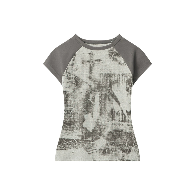 クロスラグランワッフルTシャツ