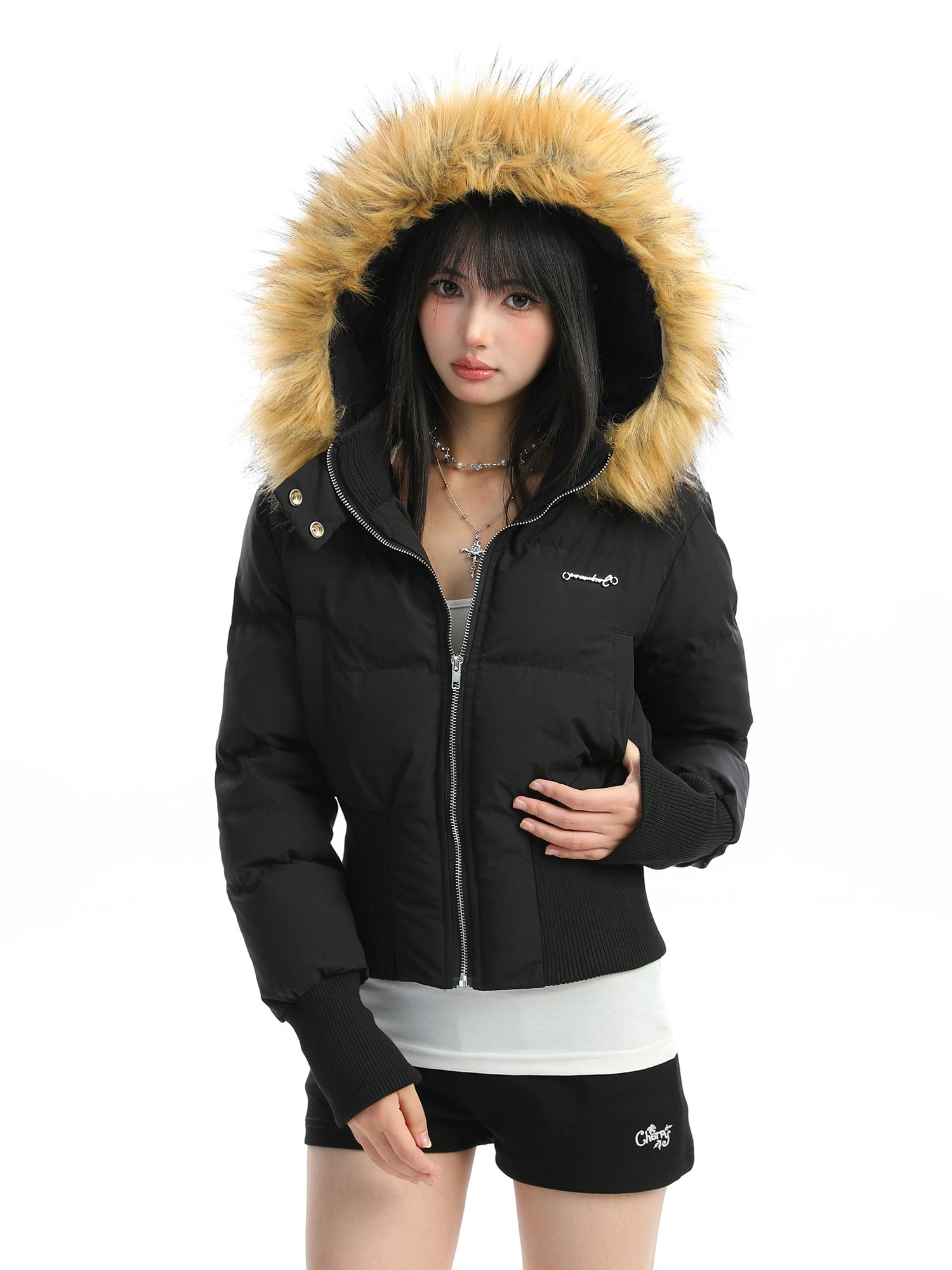 ファーフードショートダウンジャケット(ファー取り外し可能)