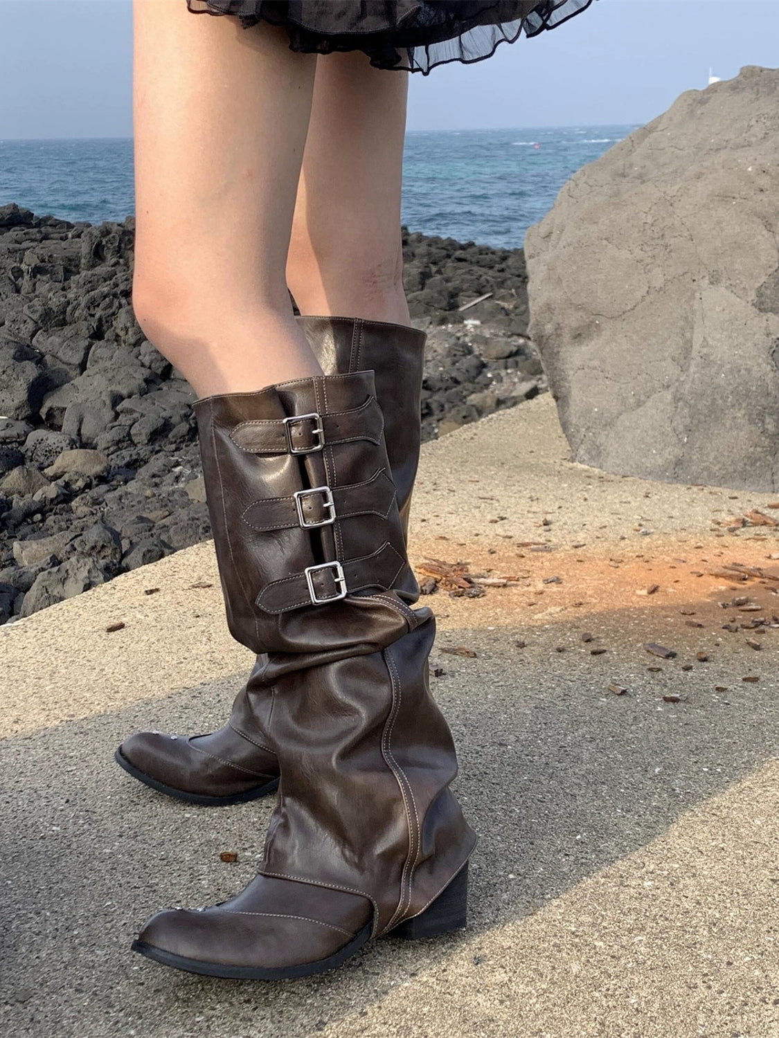 取り外し可能 2WAYカバーバックルルーズレザーブーツ