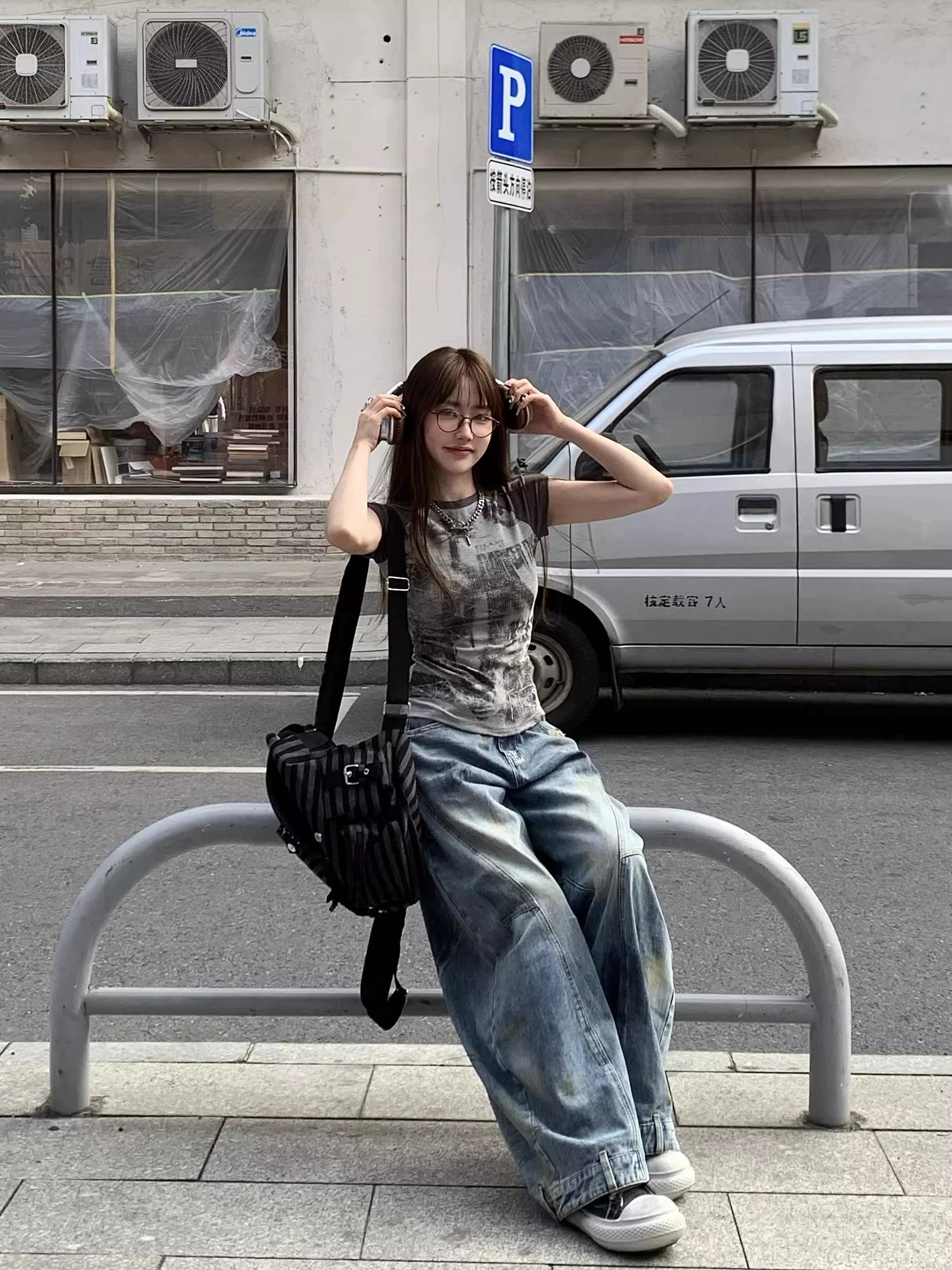 クロスラグランワッフルTシャツ
