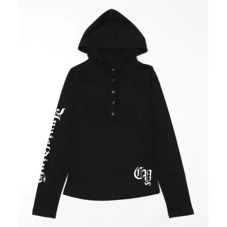 ストリートフード付きプリントロングTシャツ