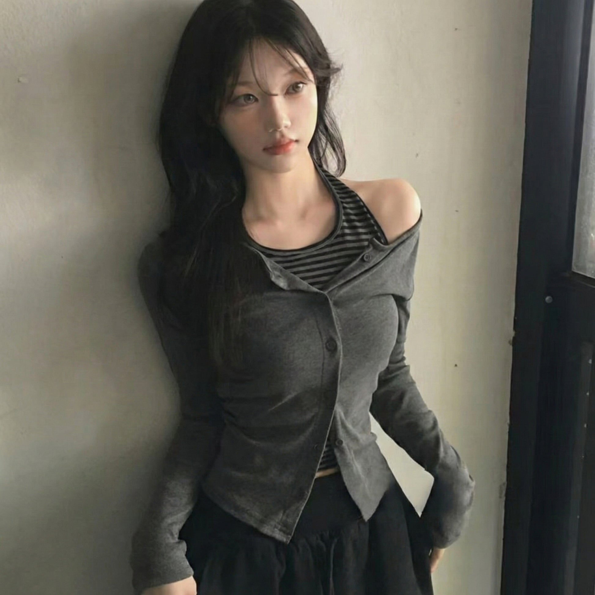 2WAYオフショル ボタンカーディガントップス