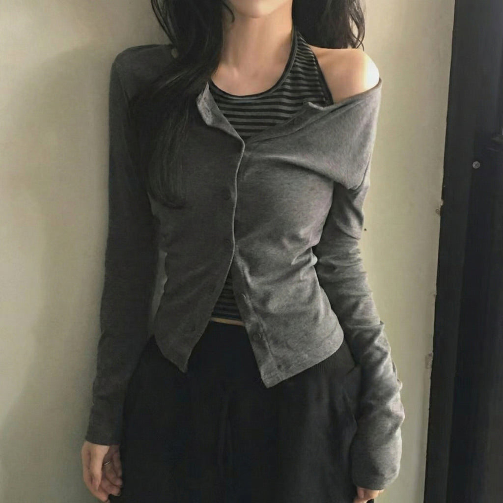 2WAYオフショル ボタンカーディガントップス