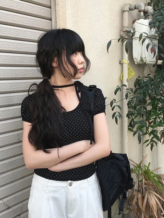 ドットクルーネックストラップTシャツ