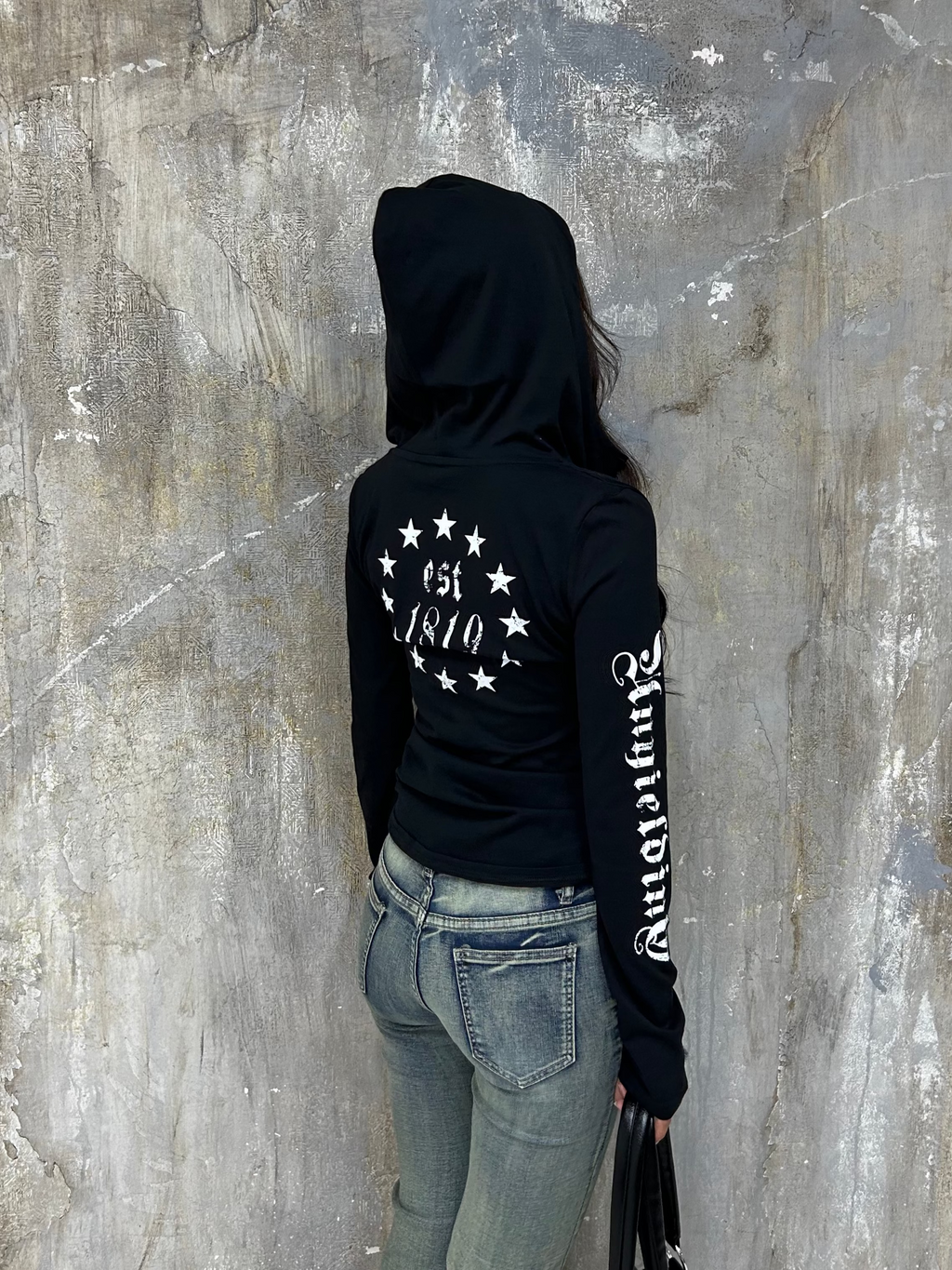 ストリートフード付きプリントロングTシャツ