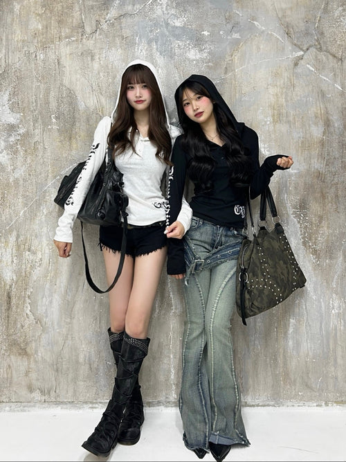 ストリートフード付きプリントロングTシャツ