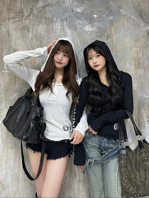 ストリートフード付きプリントロングTシャツ