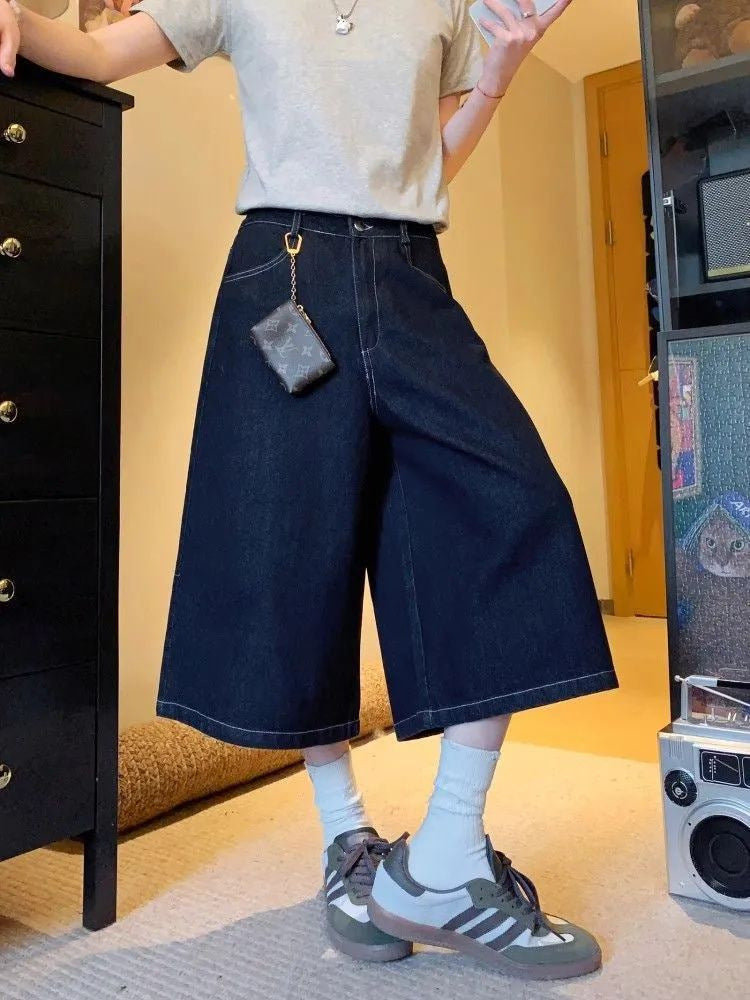 パッチワークポケット ワイドデニムハーフパンツ