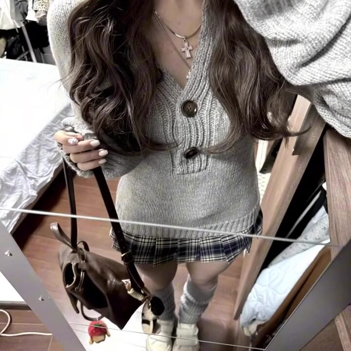 フロントボタンリブニットトップス