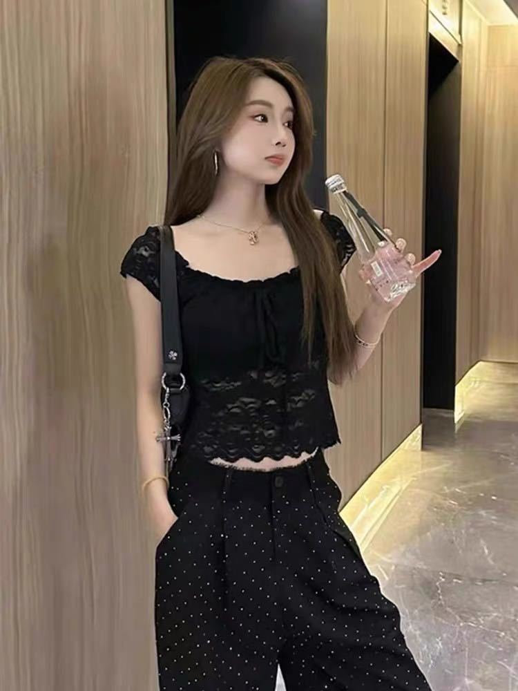 レースリボンスリムフィットトップス