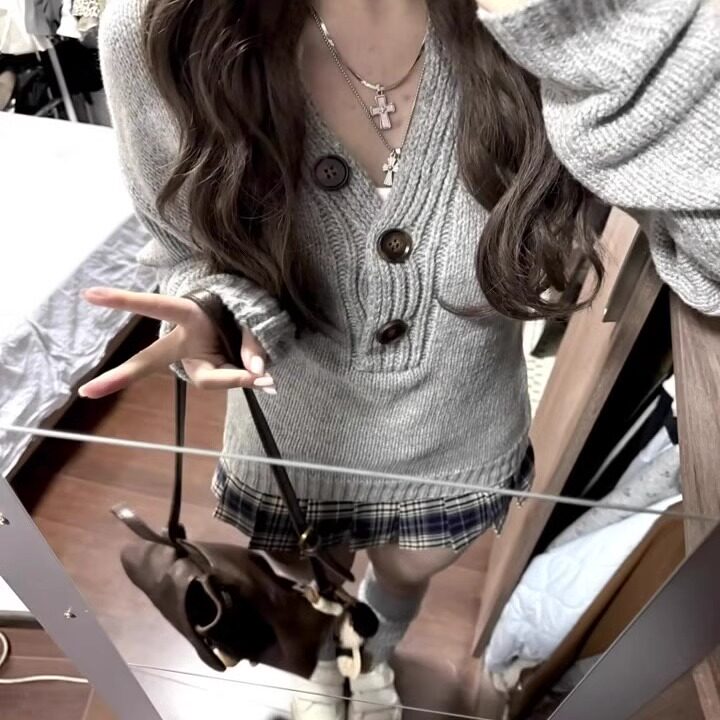 フロントボタンリブニットトップス