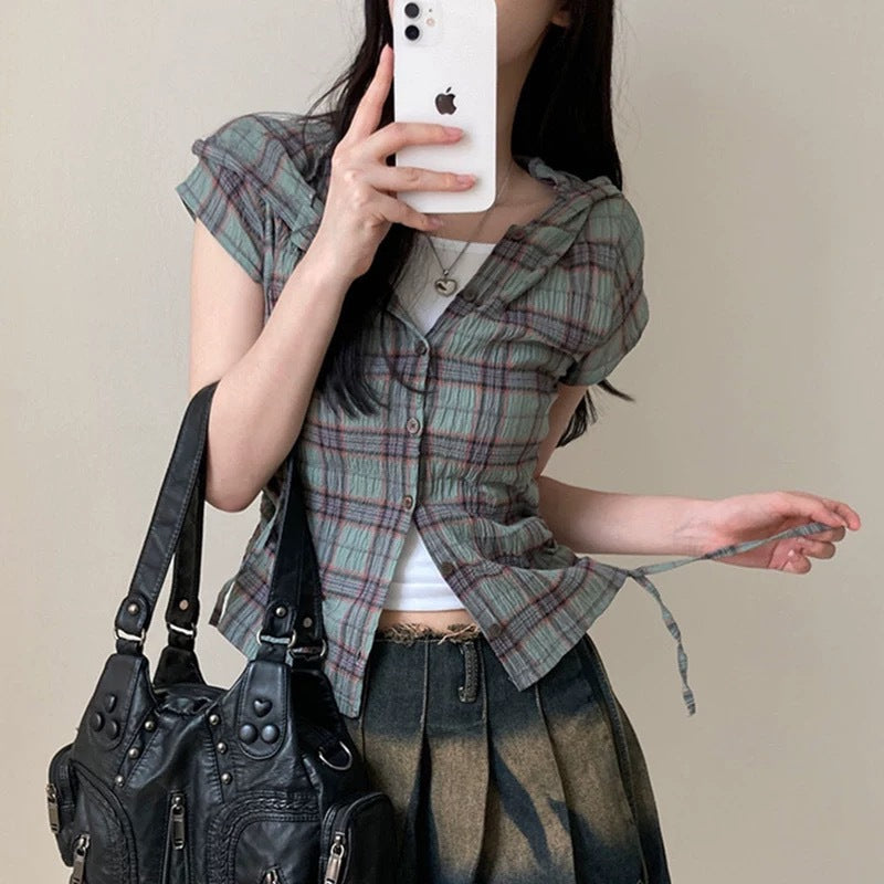 フード付きチェックレイヤードクロップドシャツトップス
