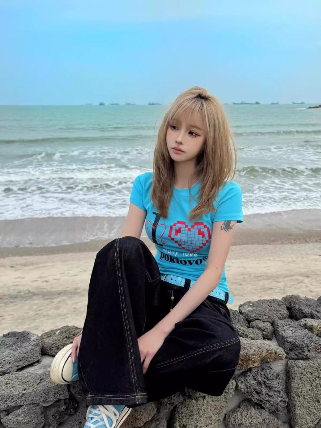 韓国ストリート風 ハートプリントTシャツ