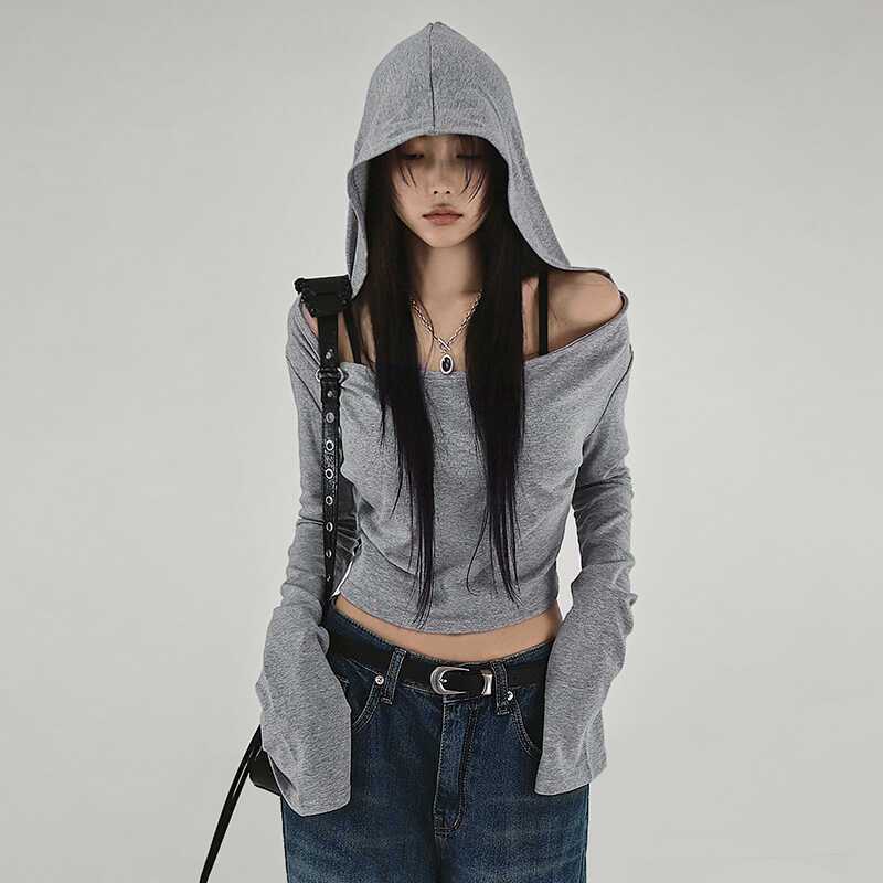 フード付きオフショルダーフィットロンT