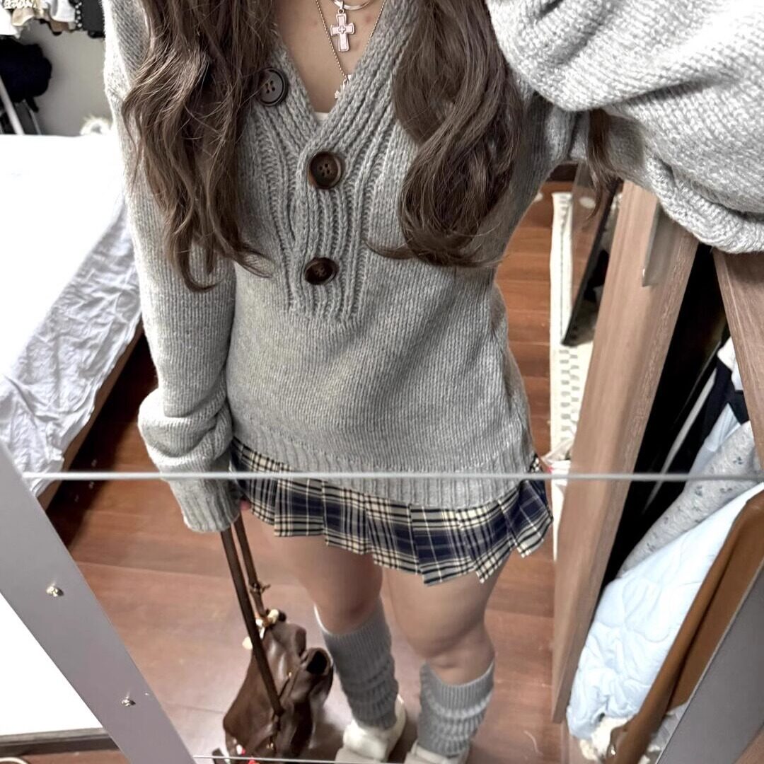 フロントボタンリブニットトップス