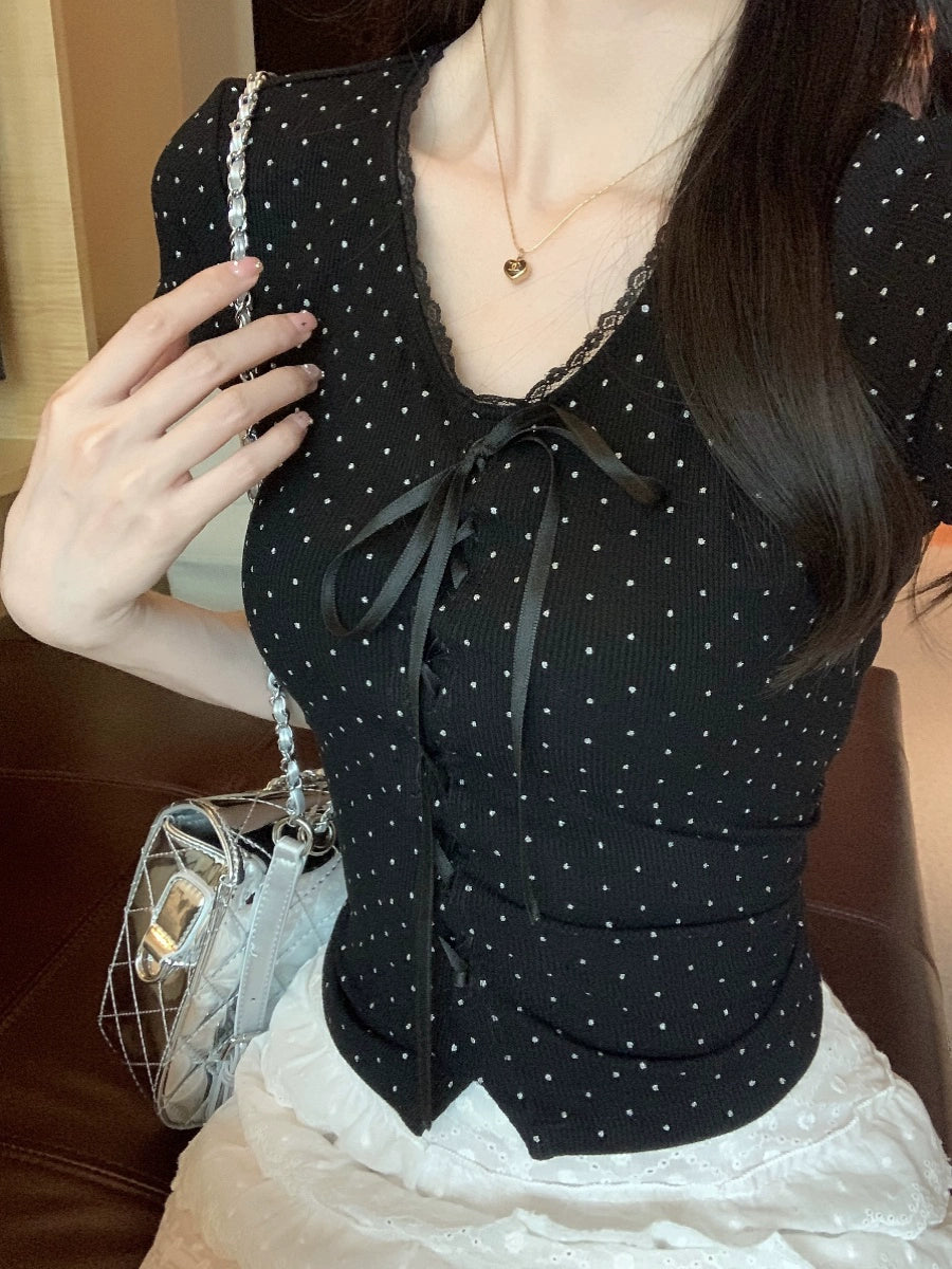 VネックドットレースTシャツ