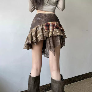 ウエストレザーアシメチェックミニスカート