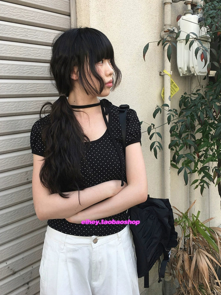 ドットクルーネックストラップTシャツ