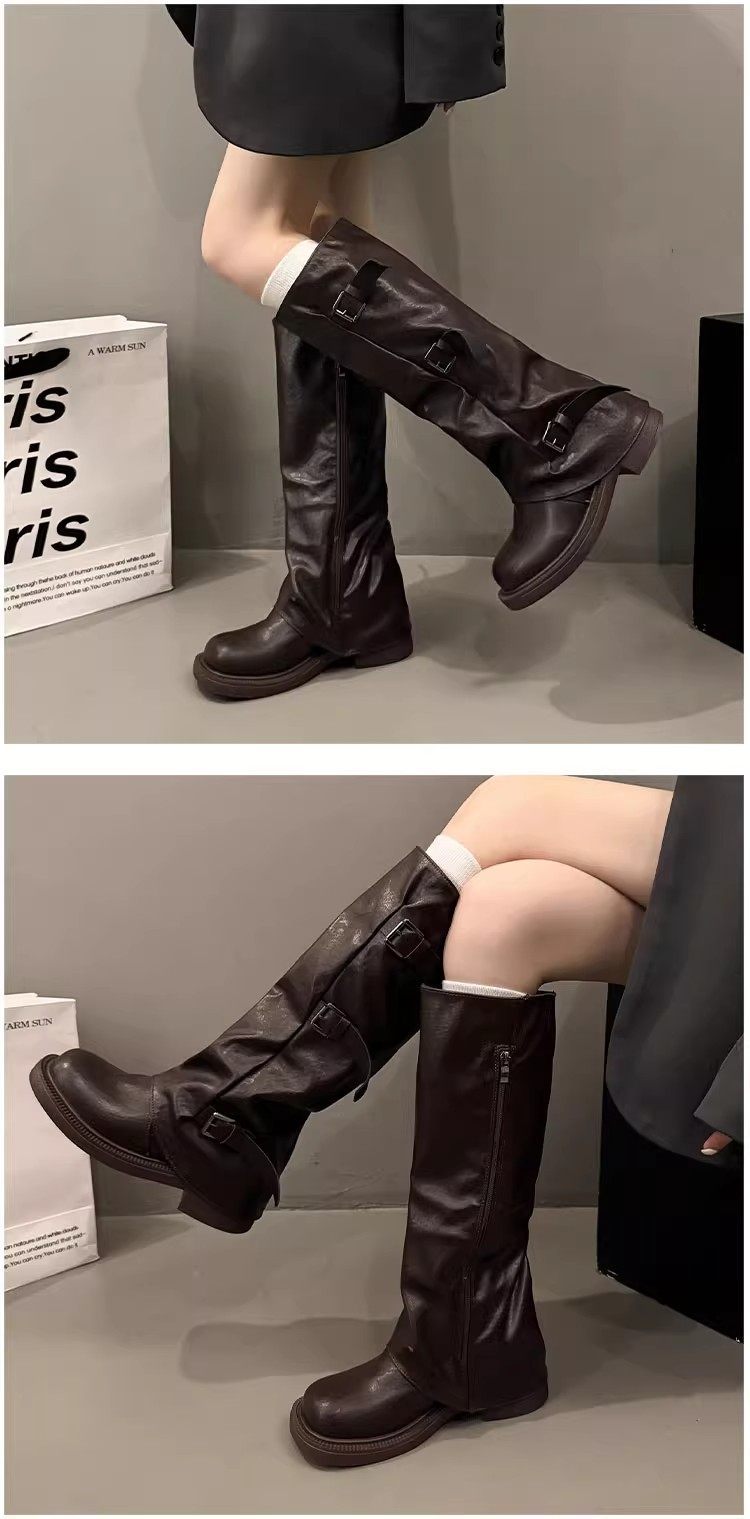 トリプルバックル レザーロングブーツ