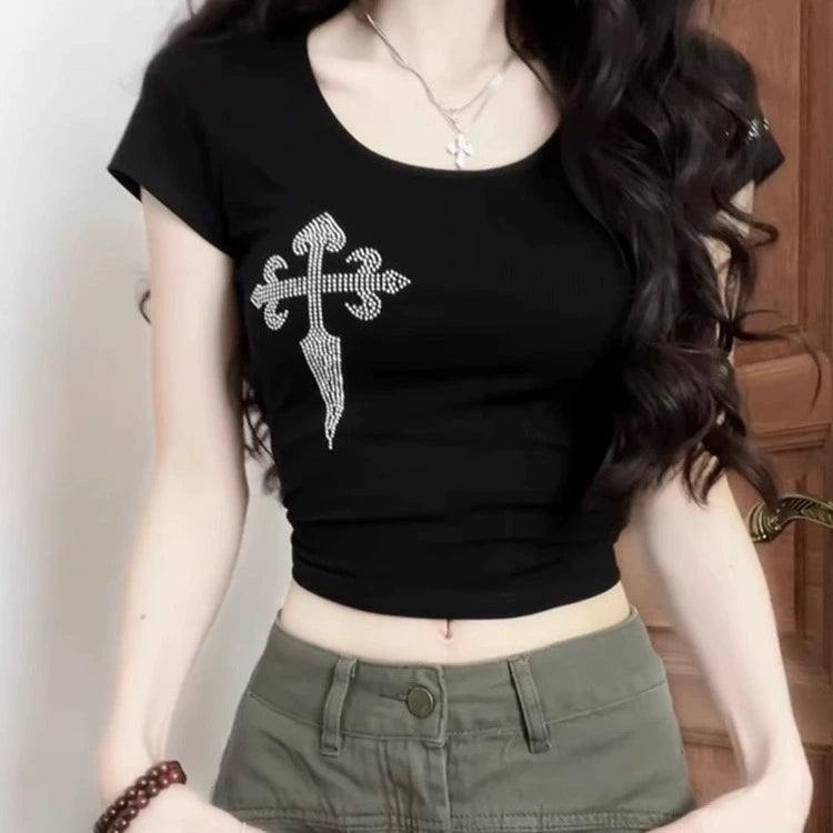 ラインストーンクロスダガーTシャツ