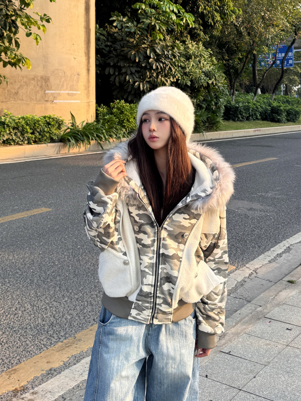 ファー付きカモブルゾン