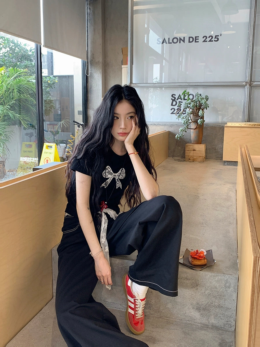 レースリボンプリントクロップドTシャツ