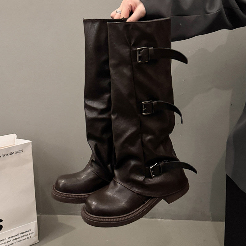 トリプルバックル レザーロングブーツ