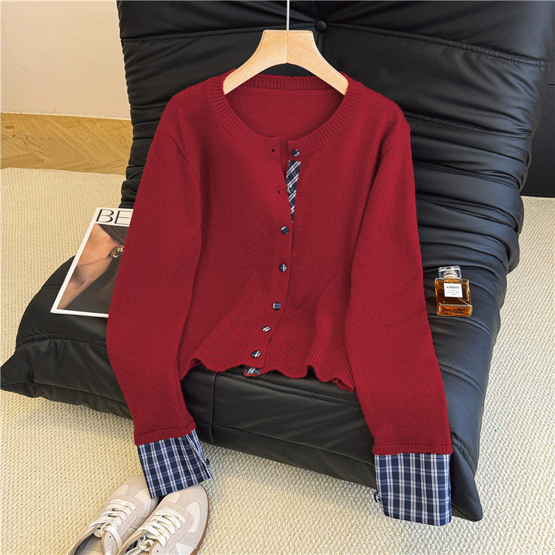 チェックレイヤード風プレッピーニットカーデ