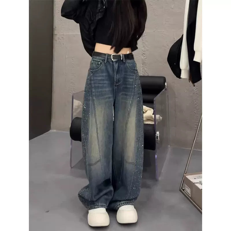サイドラインストーンワイドデニム