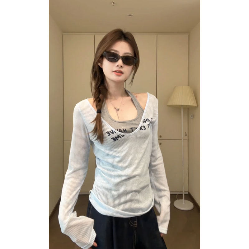 ダブルネック デザインリブトップス