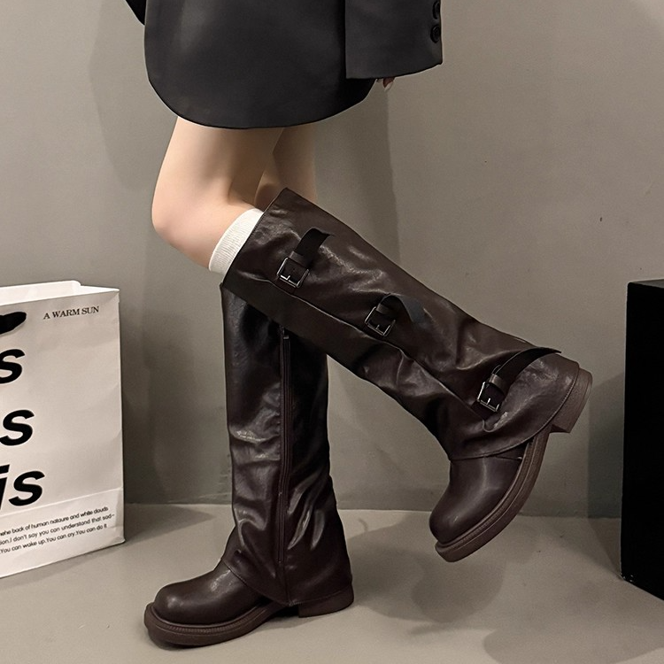 トリプルバックル レザーロングブーツ