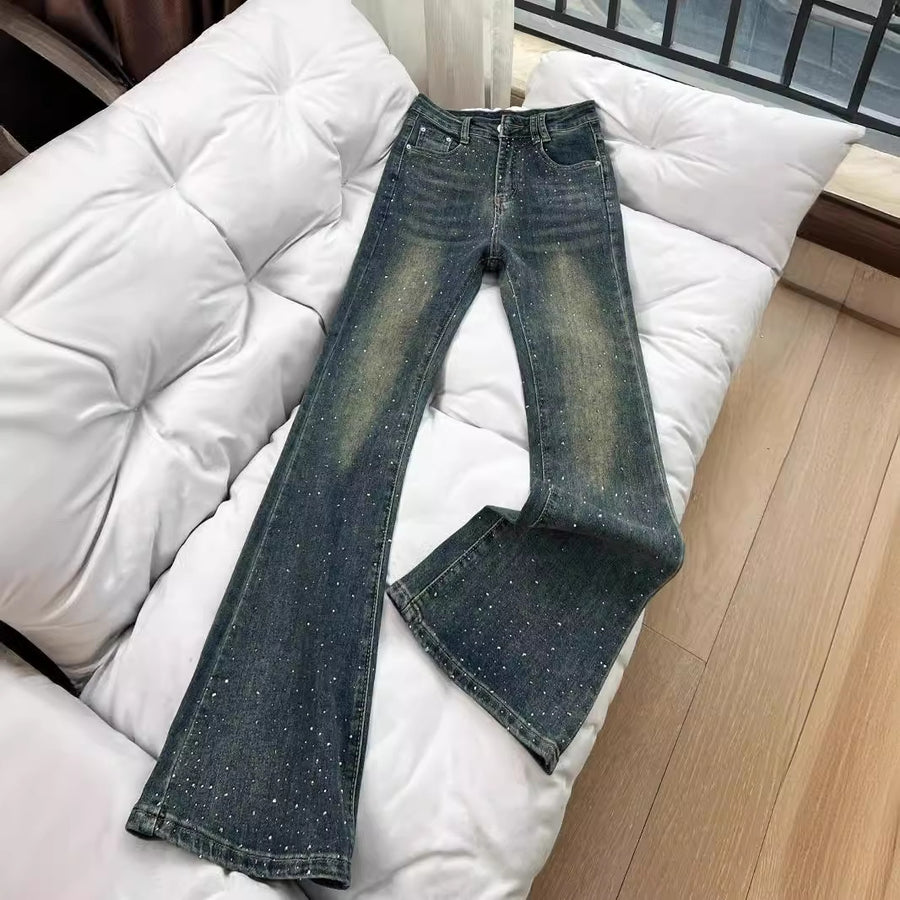 ラインストーンフレアデニムパンツ