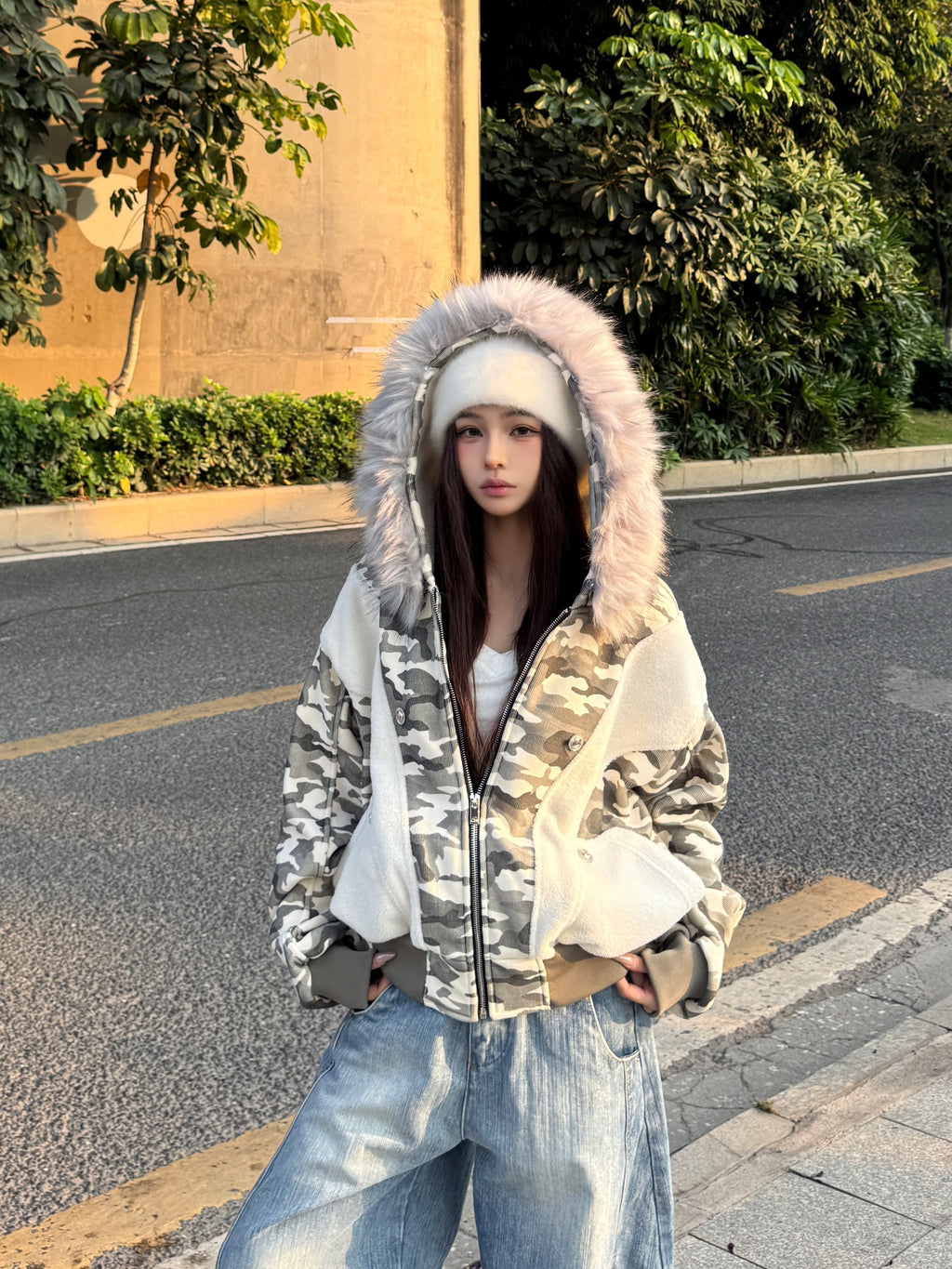 ファー付きカモブルゾン