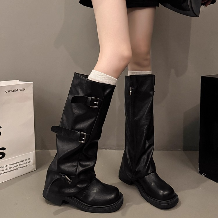 トリプルバックル レザーロングブーツ