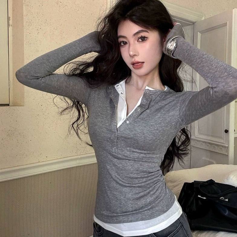 レイヤードヘンリーネック スリムロングT