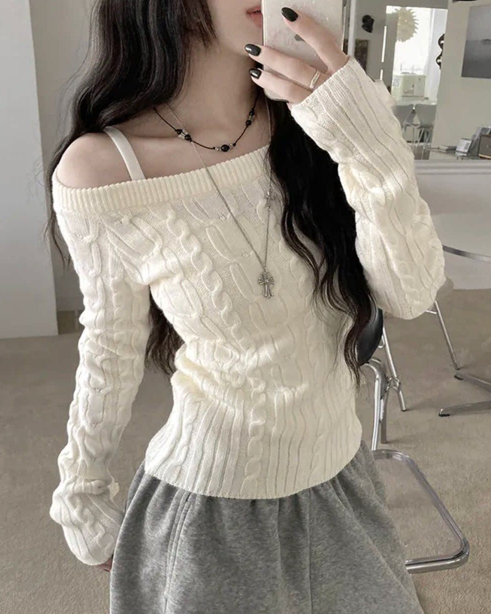 オフショル フィットニットトップス