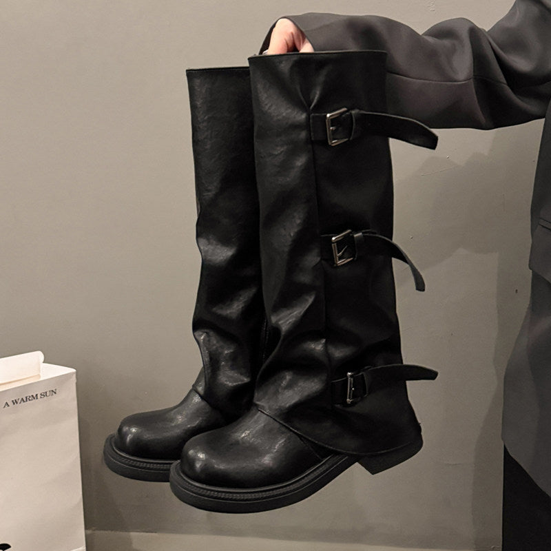 トリプルバックル レザーロングブーツ