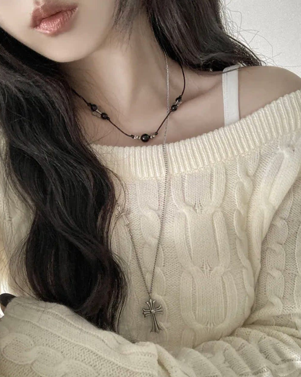 オフショル フィットニットトップス