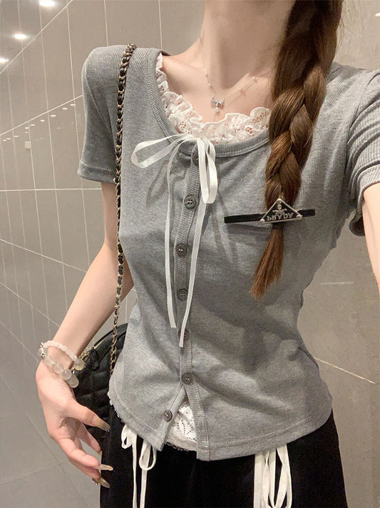 レースレイヤードデザインTシャツ