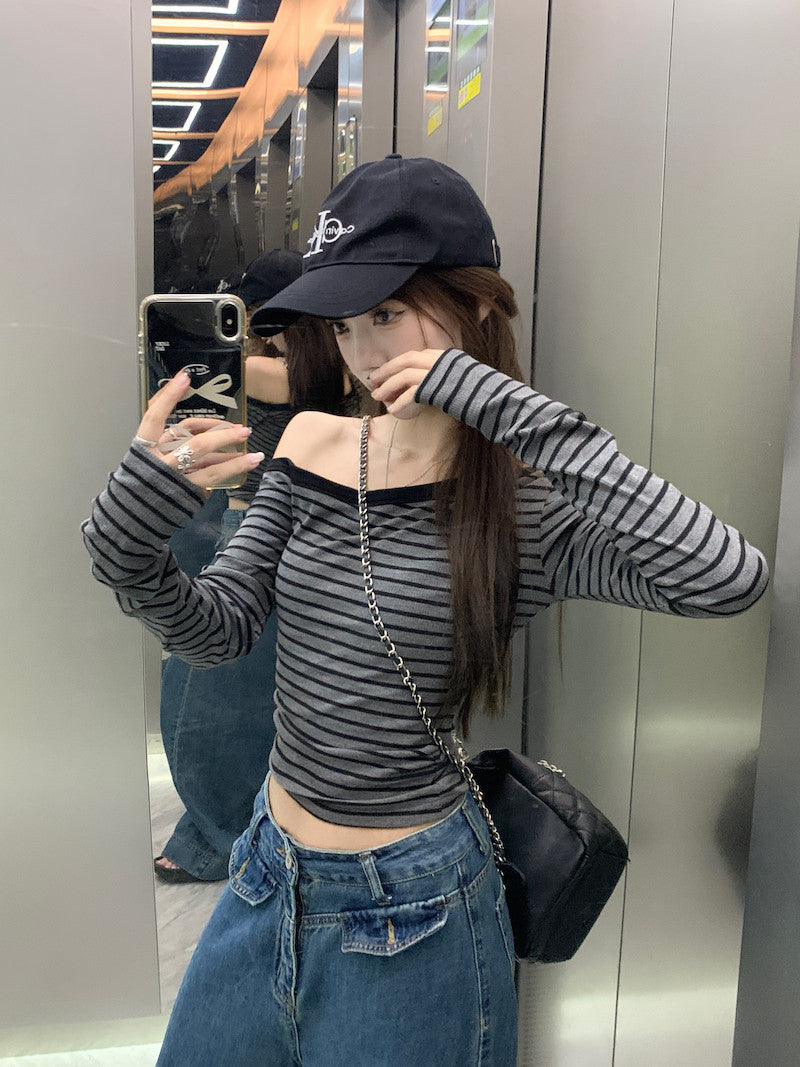 ストライプワンショルロンT