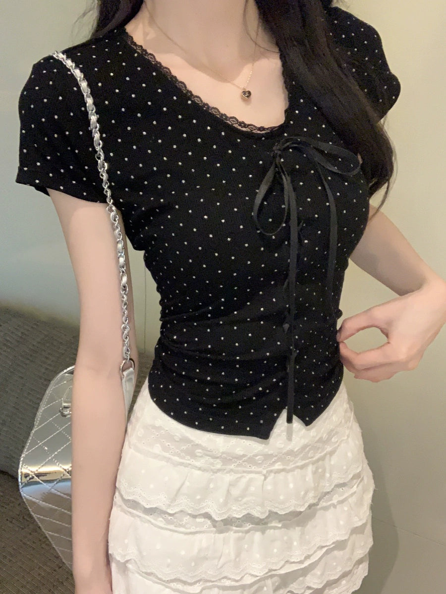 VネックドットレースTシャツ