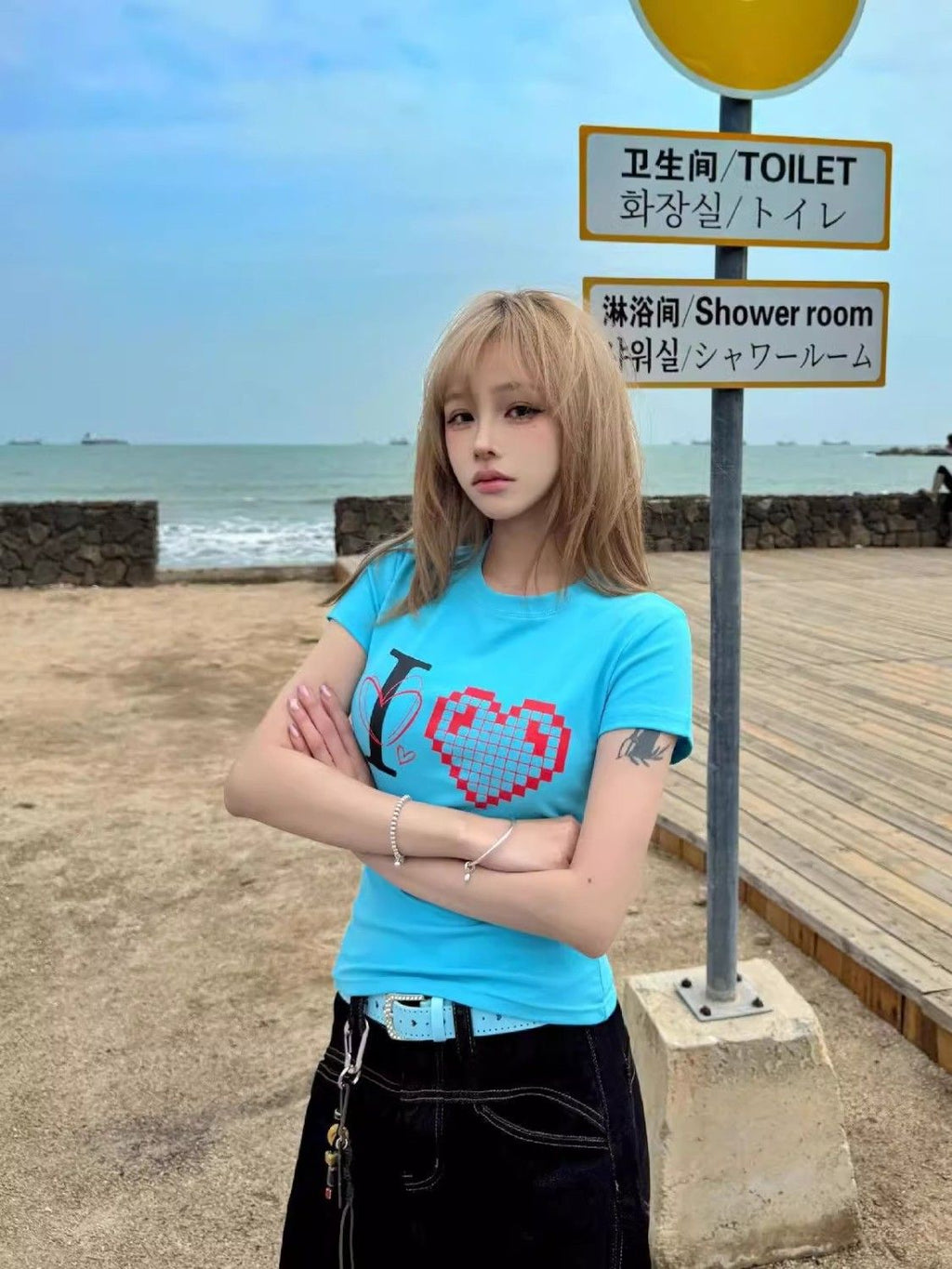 韓国ストリート風 ハートプリントTシャツ