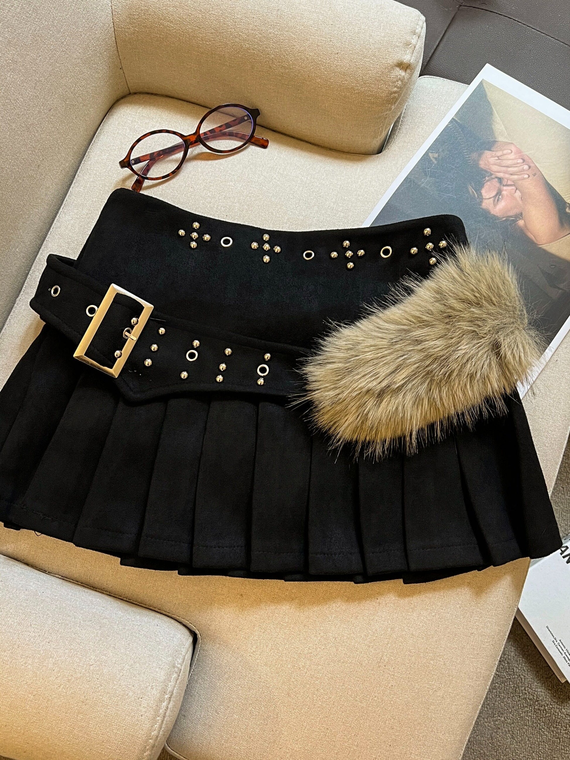 Y2Kムード ファー付きベルトミニスカート