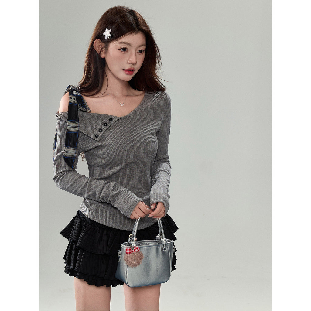 リボンショルダースリムリブトップス